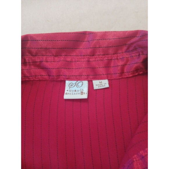 Vintage 1990s SO Button Up Blouse Size M Red Black Striped Satin Officewear - Picture 2 of 7